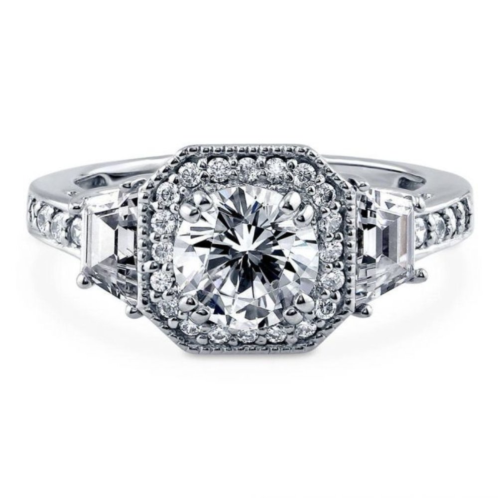 Sterling Silver Round CZ Halo Art Deco Ring 1.9 CT